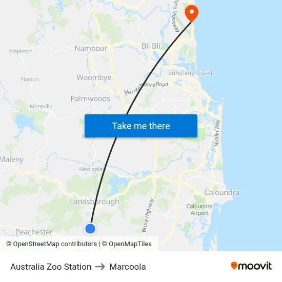 Australia Zoo Station to Marcoola map