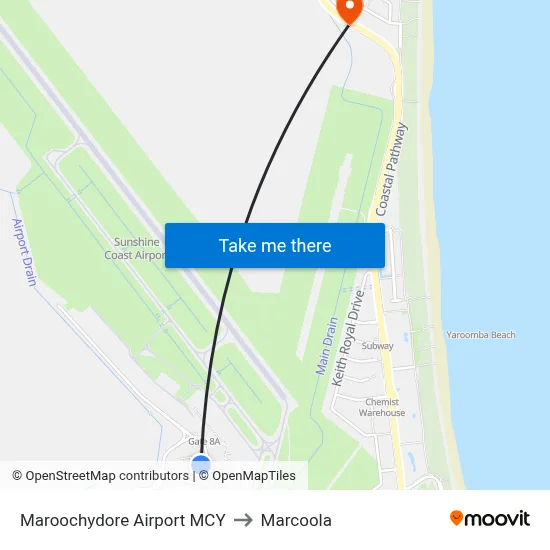 Maroochydore Airport MCY to Marcoola map