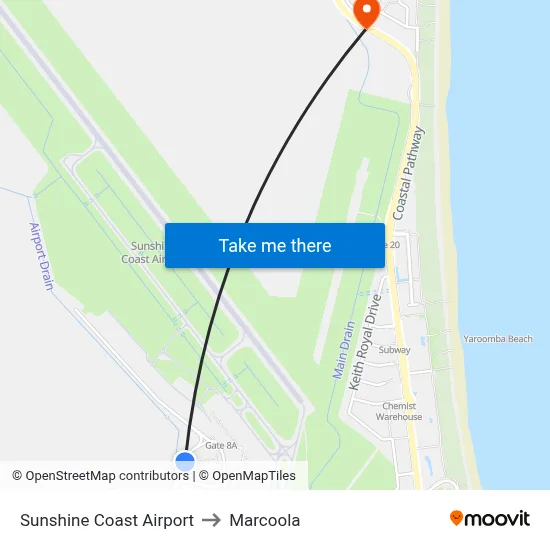 Sunshine Coast Airport to Marcoola map