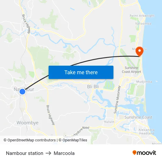Nambour station to Marcoola map