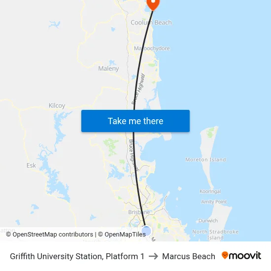Griffith University Station, Platform 1 to Marcus Beach map