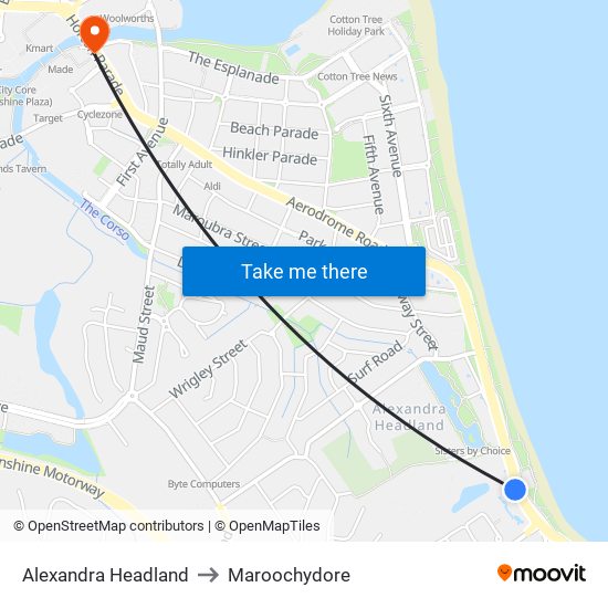 Alexandra Headland to Maroochydore map