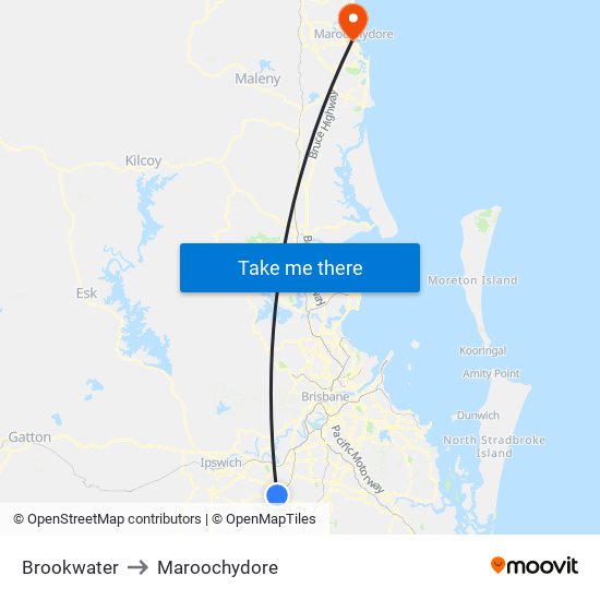 Brookwater to Maroochydore map