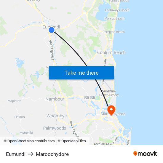 Eumundi to Maroochydore map