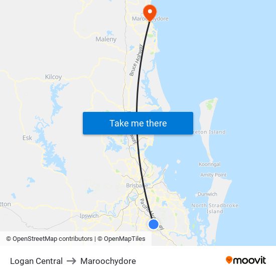 Logan Central to Maroochydore map