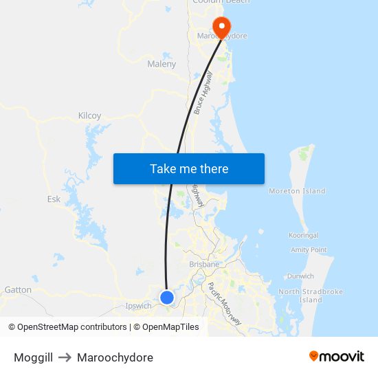 Moggill to Maroochydore map