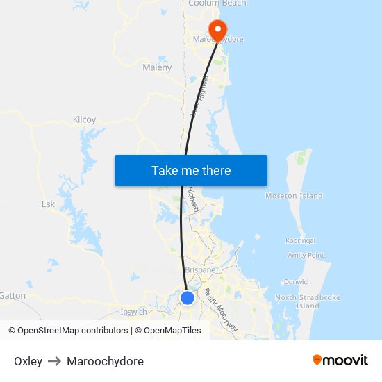 Oxley to Maroochydore map