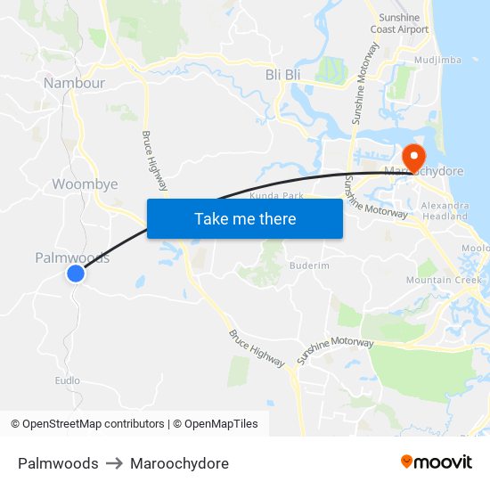 Palmwoods to Maroochydore map