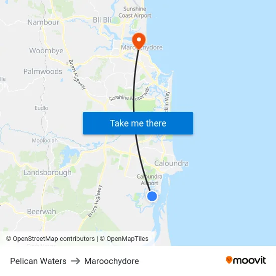Pelican Waters to Maroochydore map