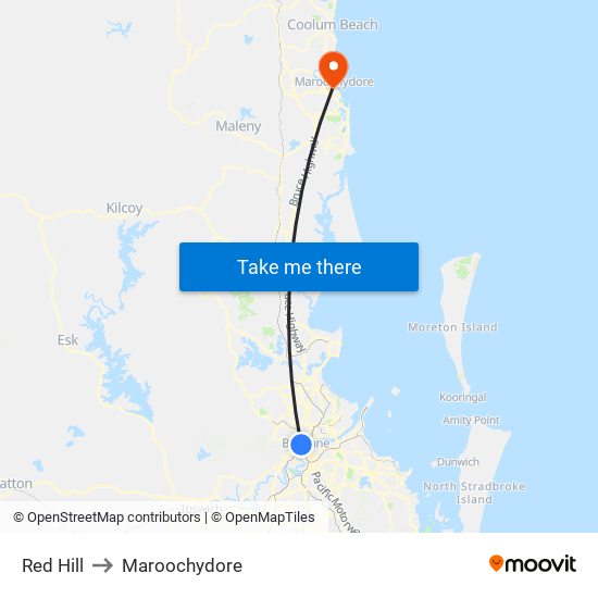 Red Hill to Maroochydore map