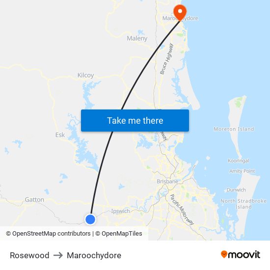 Rosewood to Maroochydore map