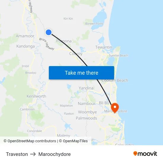 Traveston to Maroochydore map