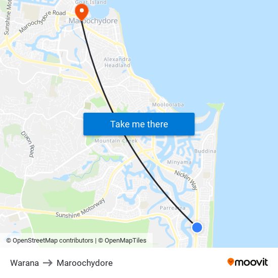 Warana to Maroochydore map