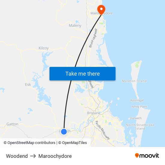 Woodend to Maroochydore map