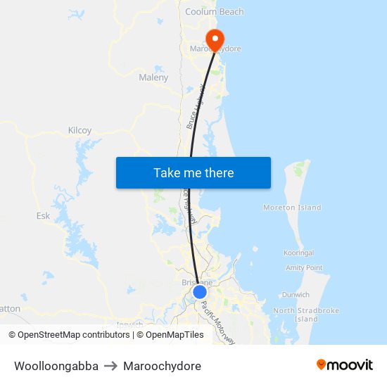 Woolloongabba to Maroochydore map