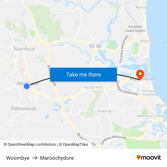 Woombye to Maroochydore map