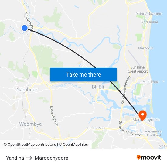 Yandina to Maroochydore map