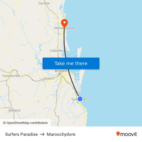 Surfers Paradise to Maroochydore map