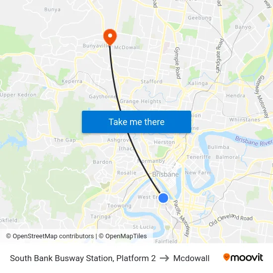 South Bank Busway Station, Platform 2 to Mcdowall map