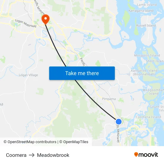 Coomera to Meadowbrook map
