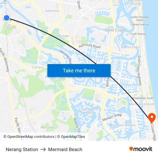 Nerang Station to Mermaid Beach map