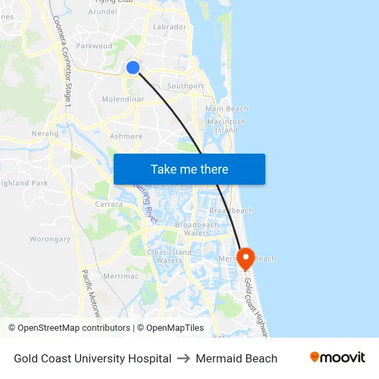 Gold Coast University Hospital to Mermaid Beach map