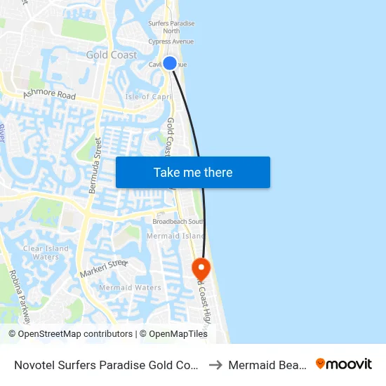 Novotel Surfers Paradise Gold Coast to Mermaid Beach map
