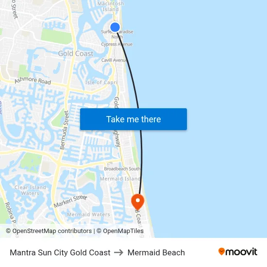 Mantra Sun City Gold Coast to Mermaid Beach map