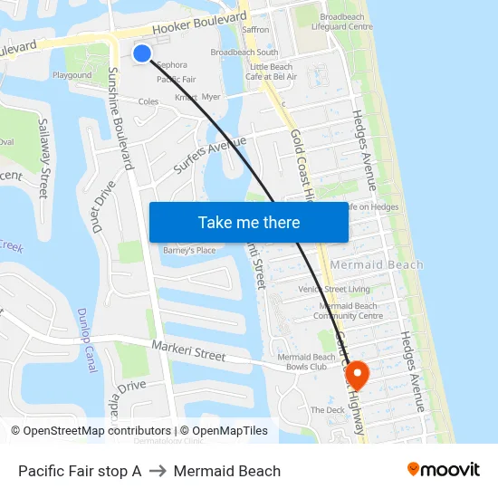 Pacific Fair stop A to Mermaid Beach map