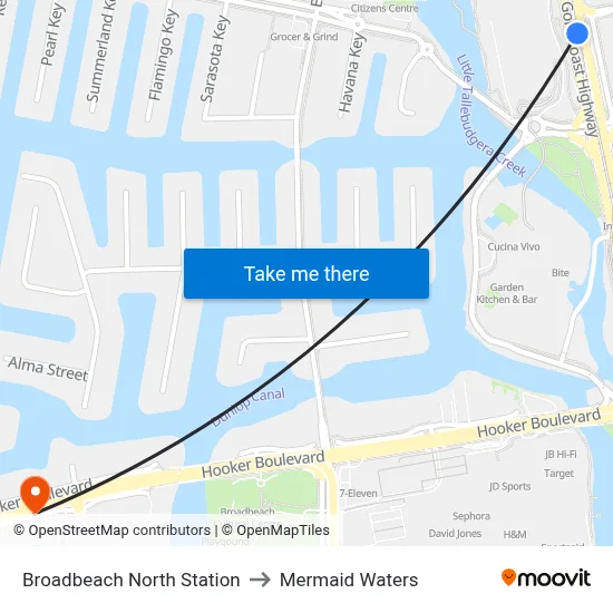 Broadbeach North Station to Mermaid Waters map