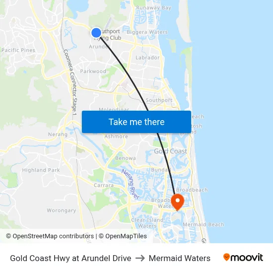 Gold Coast Hwy at Arundel Drive to Mermaid Waters map