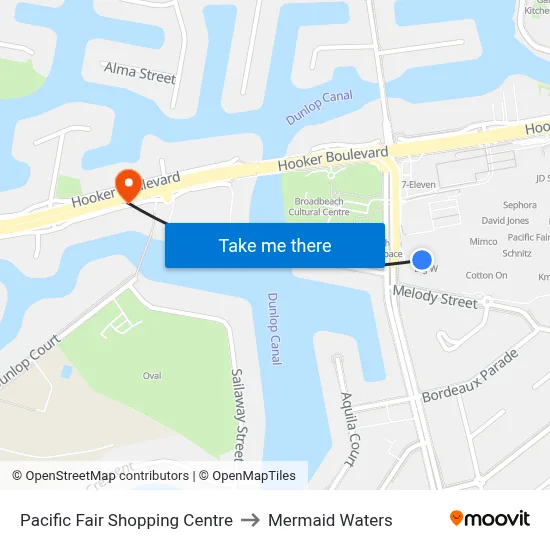 Pacific Fair Shopping Centre to Mermaid Waters map