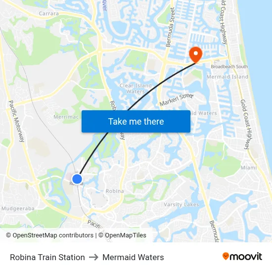 Robina Train Station to Mermaid Waters map