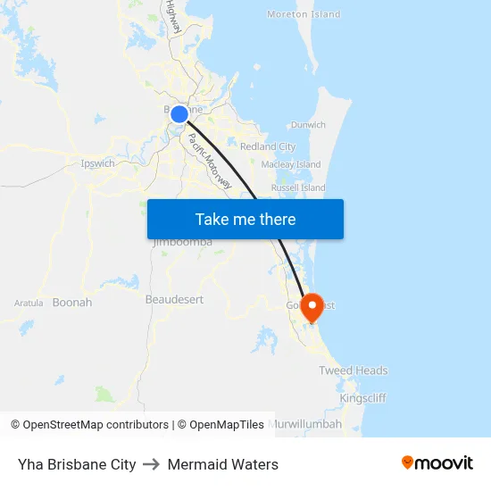 Yha Brisbane City to Mermaid Waters map