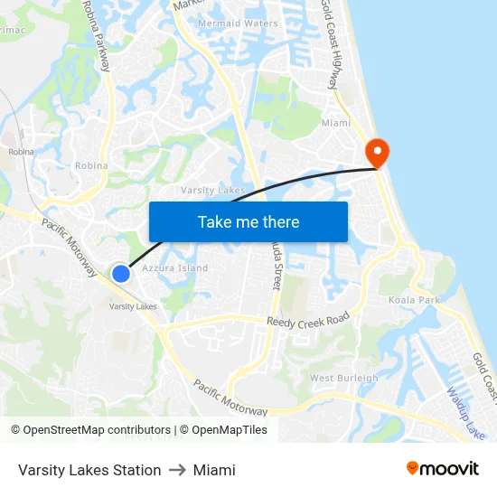 Varsity Lakes Station to Miami map