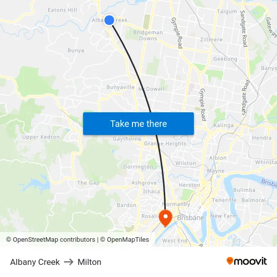 Albany Creek to Milton map