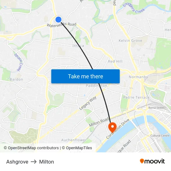 Ashgrove to Milton map