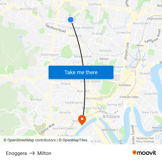 Enoggera to Milton map