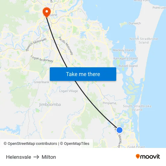 Helensvale to Milton map