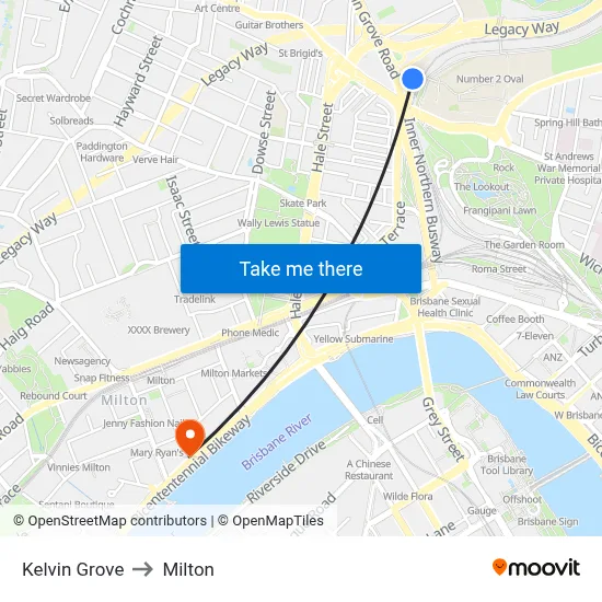 Kelvin Grove to Milton map