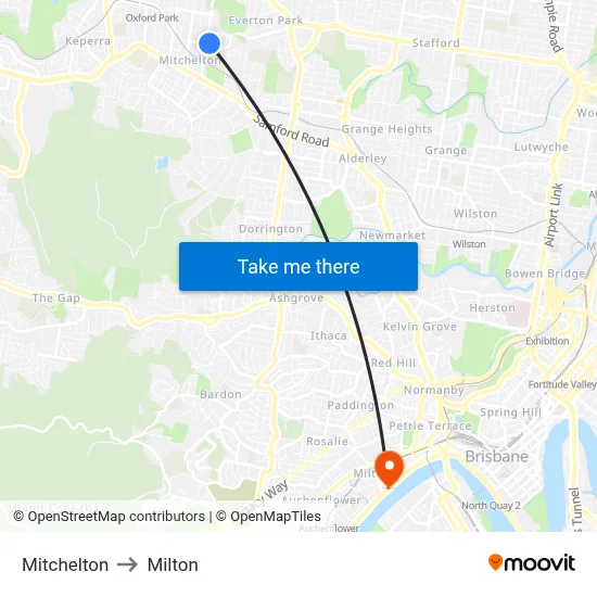 Mitchelton to Milton map