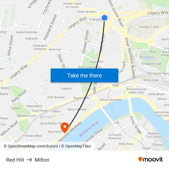 Red Hill to Milton map