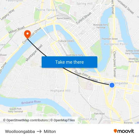 Woolloongabba to Milton map