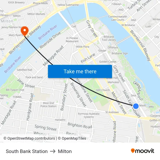 South Bank Station to Milton map