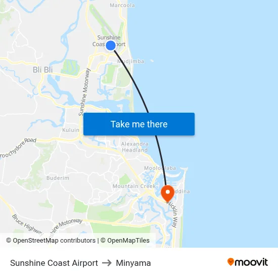 Sunshine Coast Airport to Minyama map