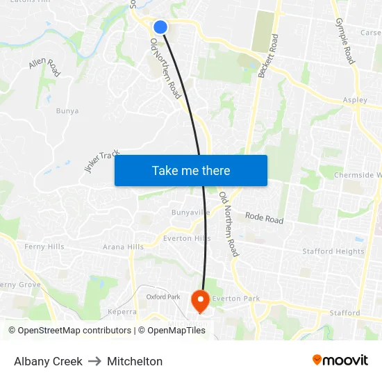 Albany Creek to Mitchelton map