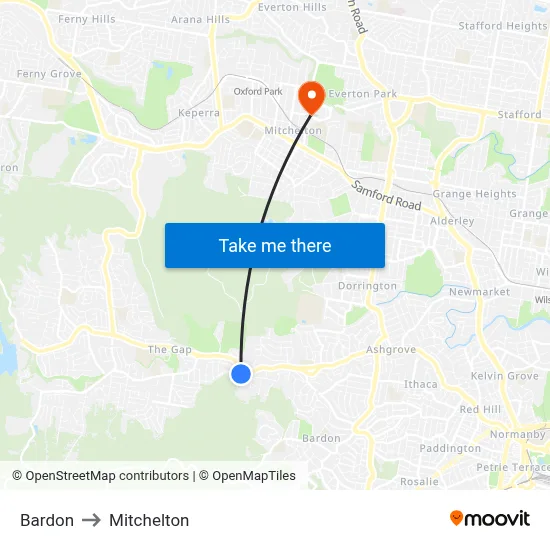 Bardon to Mitchelton map