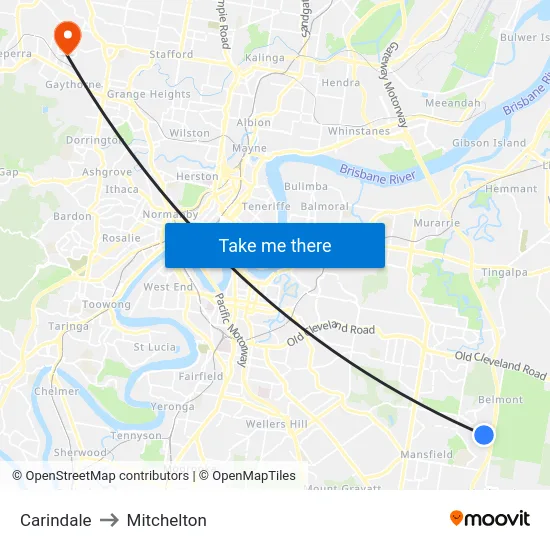 Carindale to Mitchelton map