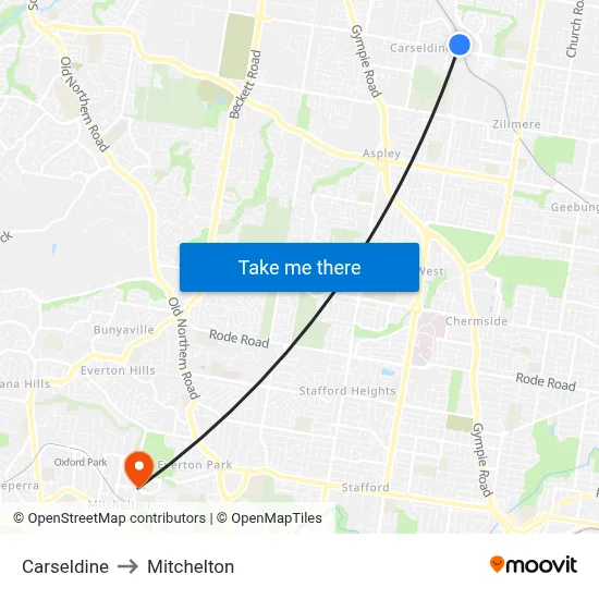 Carseldine to Mitchelton map