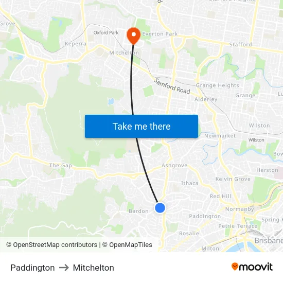Paddington to Mitchelton map